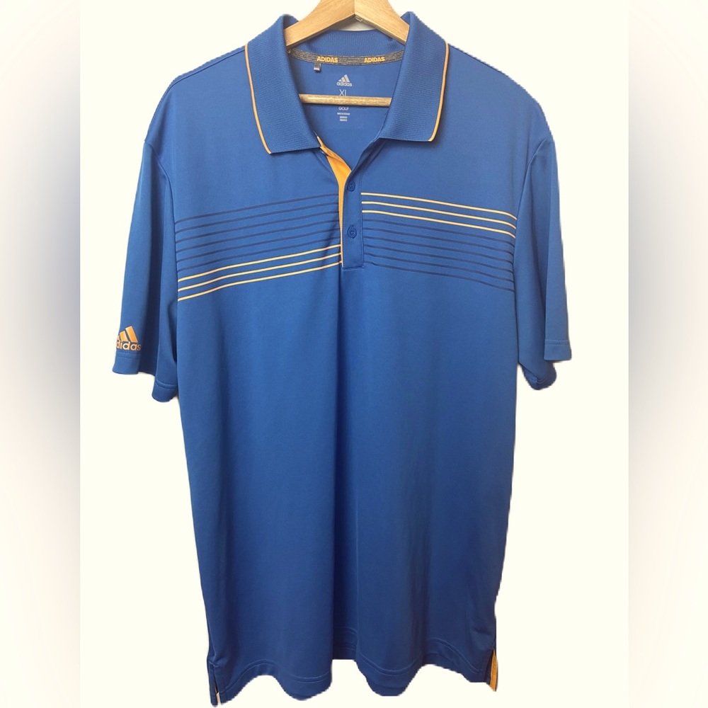 Adidas Men’s XL Blue Golf Polo with Black and Orange Horizontal Stripes